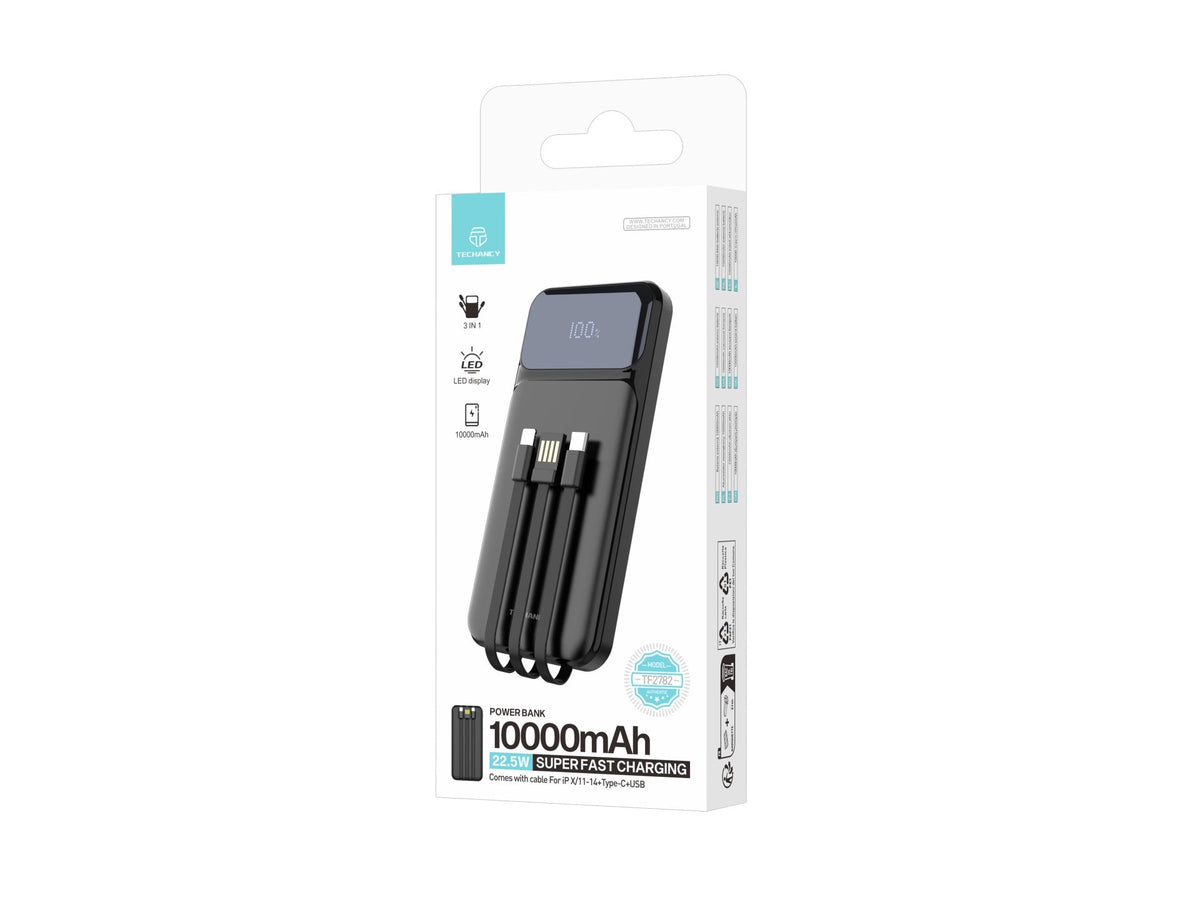 Techancy Power Bank 10000 Mah 22.5w TF2782, Cabo De Carregamento Type-C+Lightning+ Usb 3in1, Ecrã Digital De Potência-4